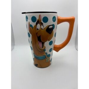 Scooby-Doo Ceramic Travel Mug Polka Dot Hanna-Barbera 2014 Orange Handle Lid